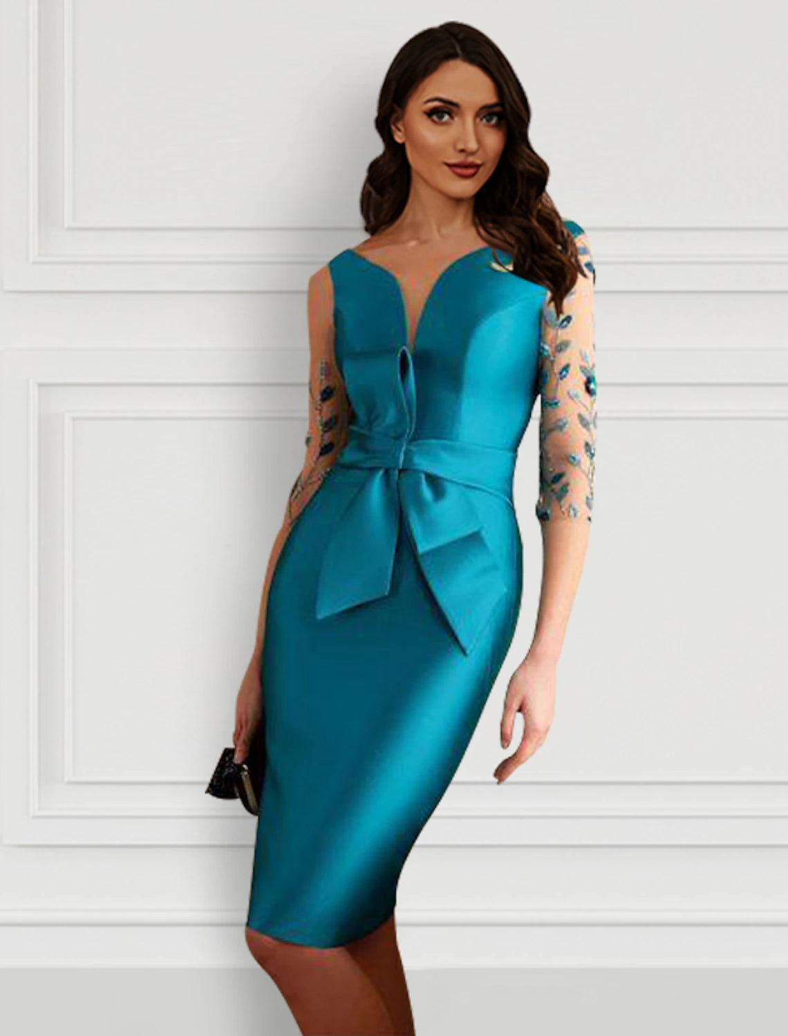 Wholesale Sheath / Column Cocktail Dresses Open Back Dress Formal Knee Length Half Sleeve Jewel Neck Satin with Bow(s) Slit Appliques